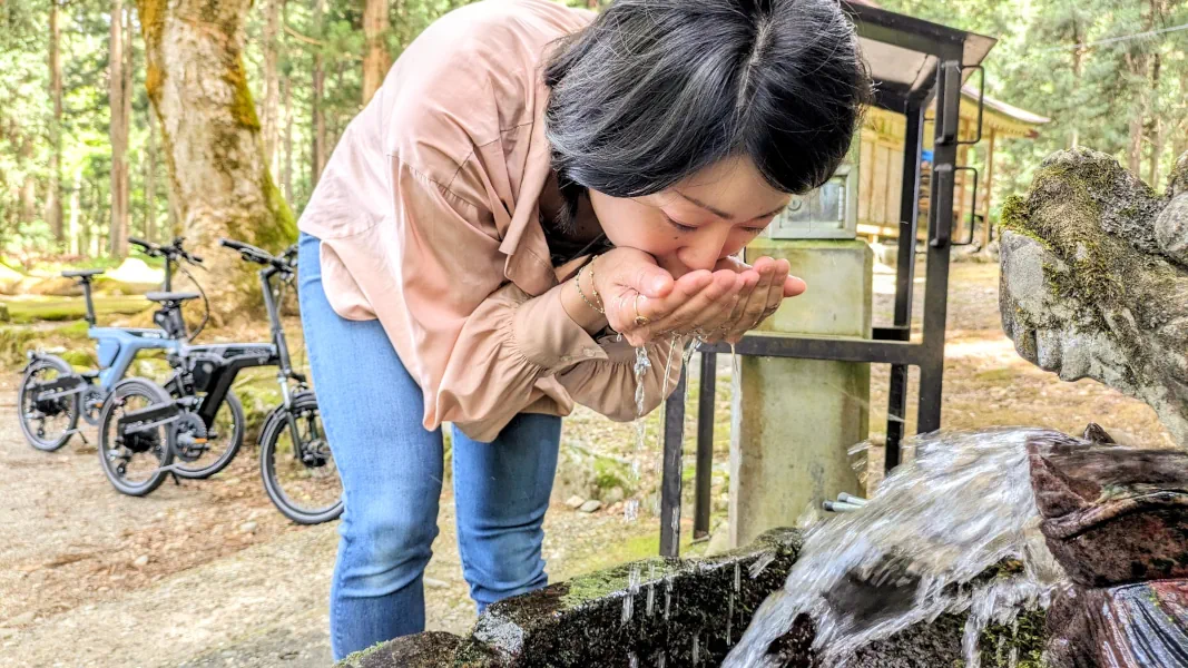 美味しい天然の湧き水を楽しんでいます。